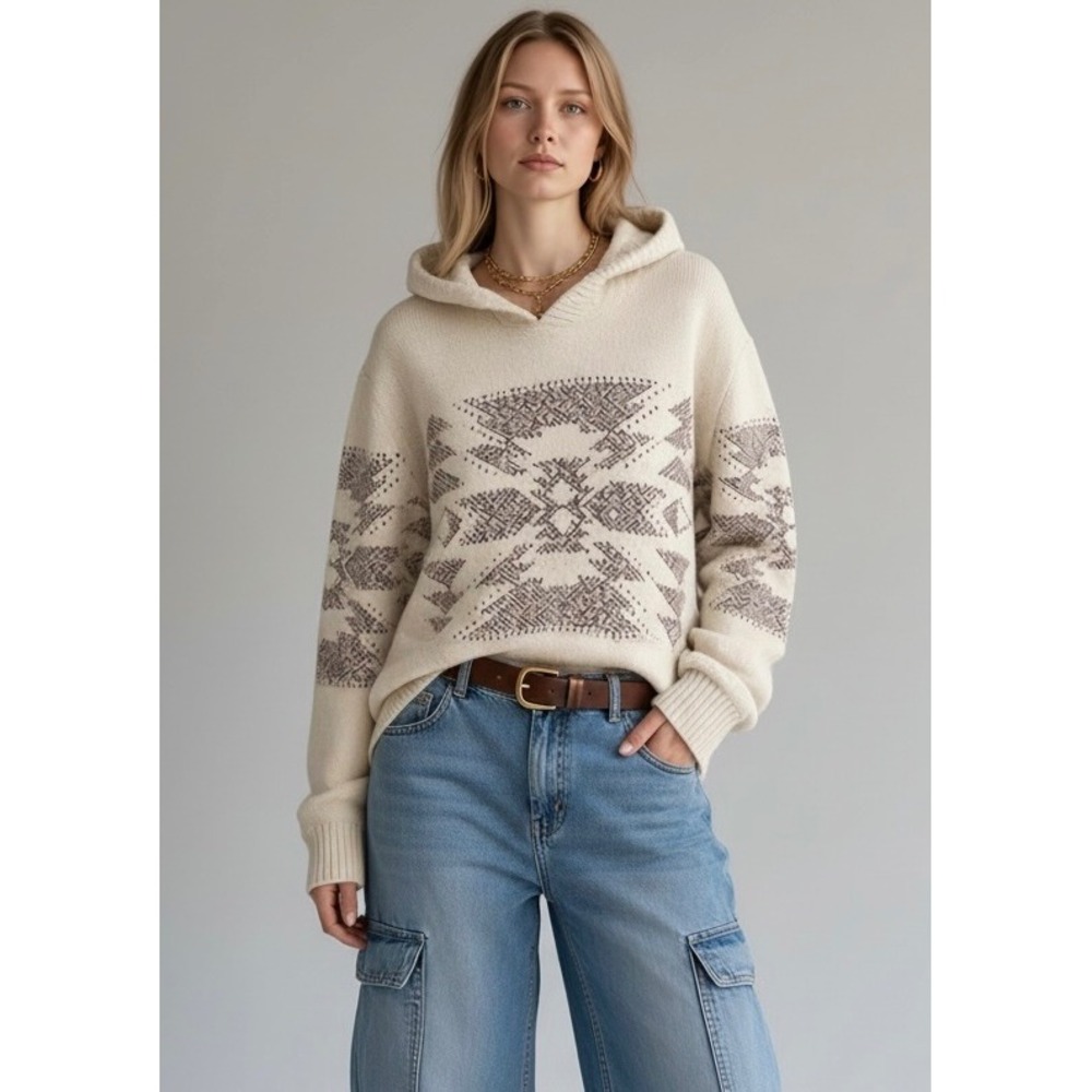 Vintage Y2K American Eagle Southwestern Knit Hoodie XL Cream Burgundy Boho